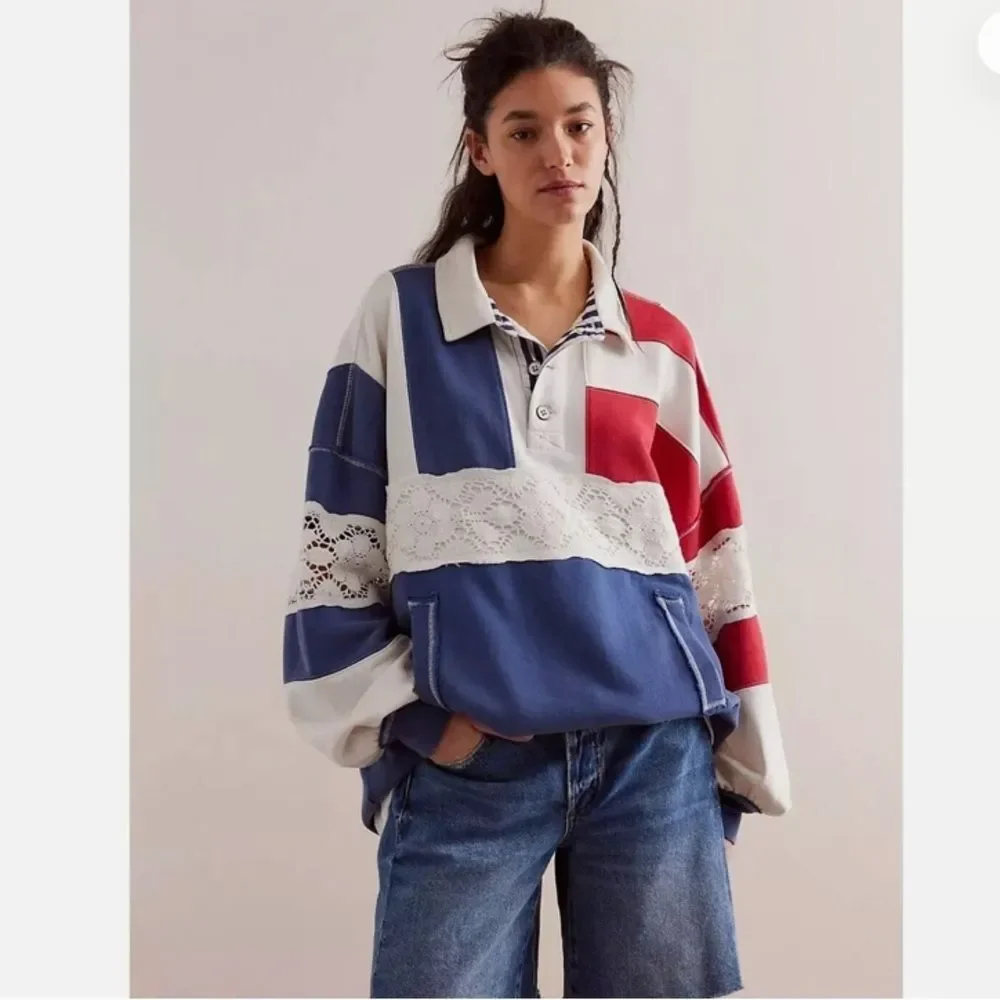 Free People We The Free American Dream Polo Pullover Top Striped